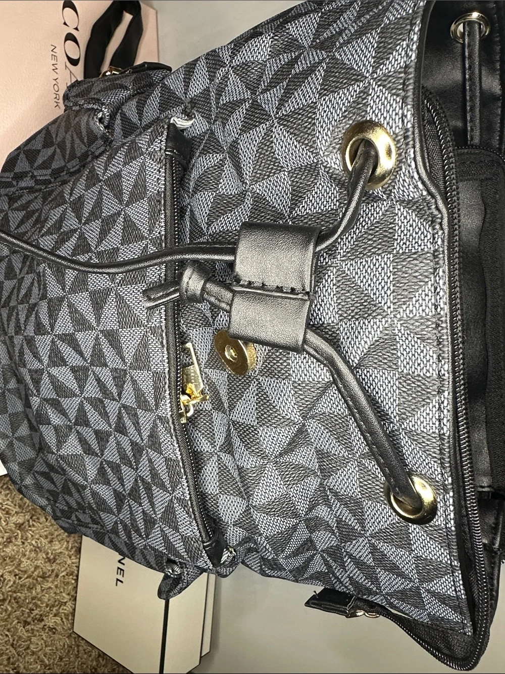 Men's Black Geometric Backpack with Bee Accent and Multicolor Stripe -